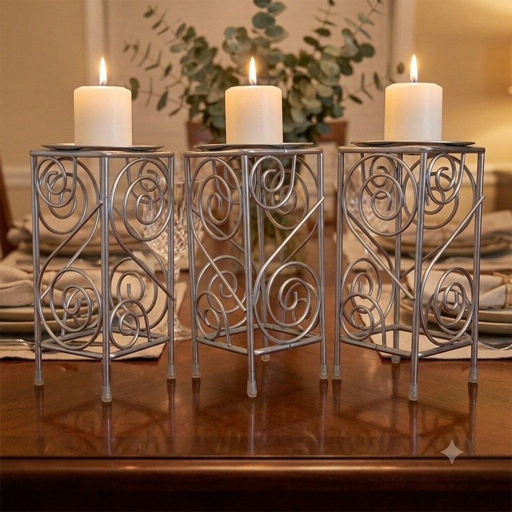 Wire Scroll Pillar Candle Holder Set of 3 Silver‎ Tone 7.25" Spike Home Decor